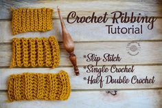 the crochet ribbing pattern is shown in three different sizes