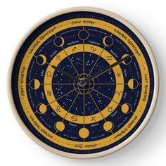 a clock with the sun and moon on it's face in blue and yellow