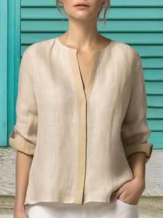 Cor:Cáqui Material:Poliéster Estilo:Casual Comprimento das mangas:Manga de 3/4 de comprimento Tipo de ajuste:Regular Estação:verão Incluído no Pacote:1 * blusa Top Designs Latest, Cotton Short Tops, Stylish Tops For Women, Linen Top Women, Classic Style Outfits, Cotton Kurti Designs, Kurti Neck Designs, Trendy Fashion Tops