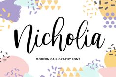 the modern calligraphy font, which is handwritten in black ink with colorful shapes and dots