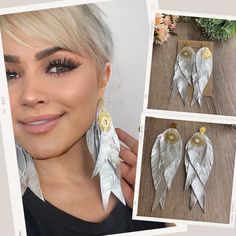 Discover the elegance and charm of our handmade Silver Leather Feather Earrings. Perfectly crafted from high-quality, shiny silver leather, these earrings are designed to make a statement while being incredibly lightweight and comfortable.  ✔Handmade Excellence: Each pair is meticulously crafted from top-quality leather ✔Unique Design: Featuring a layered fringe leaf or  feather design, these earrings are big, bold, and beautiful. A brass sun pendant adds a touch of bohemian elegance ✔Comfort an Handmade Silver Wrap Earrings For Party, Layered Fringe, Leather Feather Earrings, 25th Anniversary Gift, Sun Pendant, Light Earrings, Earrings Bohemian, Feather Design, Bold And Beautiful