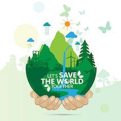 save the world together poster with hands holding green globe and trees on white background stock photo