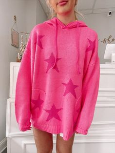 Total Domination Star Sweater | Sassy Shortcake Boutique Cozy Pink Sweater, Comfy Pink Outfits, Comfy Preppy Outfits, Preppy Pink Outfits, Preppy Southern Outfits, Hot Pink Clothes, Hot Pink Outfits, Preppy Hoodies, Preppy Casual Outfits