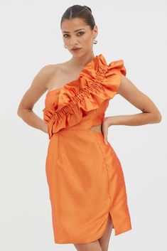 NY Moment Wide Ruffle Shoulder Mini Dress Orange Birthday Soiree, Outfit Planner, Gala Event, Shoulder Ruffle Dress, Gala Events, Dress Orange, Iron Material, Special Birthday, Dress Cuts