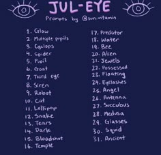 an eye chart with the words ju - eye written in pink and purple on it