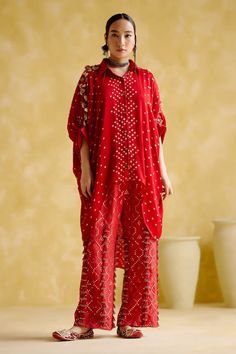 Red kaftan with bead and coin tassel embellishment, bandhani patterns and asymmetric silhouette. - Aza Fashions Bandhani Shirt, Red Kaftan, Kaftan Women, Kaftan For Women, Pant For Women, Cape Sleeves, Satin Color, Red Pants, Beaded Tassels