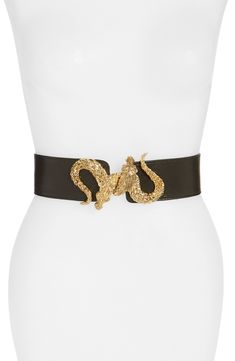 Golden interlocking dragons lend a regal effect to a handcrafted leather belt that's finished in the back with knotted metal mesh. Style Name:Raina 'Penelope - Dragon' Stretch Belt. Style Number: 5073776. Available in stores. Mothers Day Brunch, Gold Belts, Red Belt, Branded Belts, Designer Belts, Stretch Belt, Belt Design, Braided Belt, Studded Belt