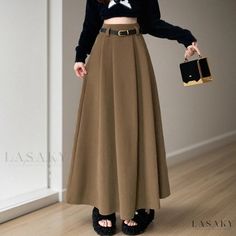 Lasaky - Stylish High-Waisted Flared Umbrella Skirt with Drape Effect, Made of Quality Wool, Floor-Length with Pleated Detailing Modern Drape, Elegant Midi Skirt, Spring Attire, Fashion Umbrella, Umbrella Skirt, Strapless Bodycon Dress, Dress Stretch, Maxi Dress Pattern, Sequin Bodycon Dress