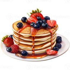 a stack of pancakes covered in syrup and fruit