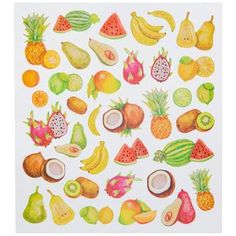 an image of fruit stickers on a white background with watercolors and pastel colors