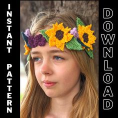 An easy pdf instant download crochet pattern for a flower headband. A cute, modern pattern for a flower crown that is one of those WOW crochet accessories patterns. Perfect for beginners as it's easy to follow. No complicated, uninformative instructions here. "Pattern is very clear and easy to follow...beautiful results!" - 'Flower Power Crown'  reviewed on 19 May 2021 This colourful crochet pattern is perfect for a festival, wedding, photo shoot or to just pair with a pretty outfit.  **PLEASE N Flower Crown Crochet, Crown Crochet, Flower Crown Tutorial, Headband Crochet Pattern, Cottage Crochet, Boho Crochet Patterns, Bandeau Au Crochet, Headband Crochet, Crown Pattern