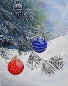 a painting of two ornaments hanging from a pine tree in the snow, one blue and one red