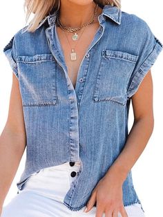 Comfy, breathable and soft denim fabric. Casual style European look. Short sleeves. Buttons front closure. V-neckline. Pockets on front. Color may be lighter or darker depending of the device it is displayed. Casual Denim Jacket, Denim Jacket Short, Shirt Collar Styles, Moda Denim, Denim Patterns, Blouse Jeans, Denim Blouse, Womens Tops Summer, Women Tunic Tops