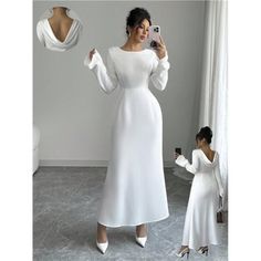 -Item Id 44476850 -Details: Zipper -Neckline: Round Neck -Sleeve Type: Flare Sleeve -Style: Elegant -Type: A Line -Waist Line: High Waist -Hem Shaped: Flared -Color: White -Pattern Type: Plain -Sleeve Length: Extra-Long Sleeve -Fit Type: Regular Fit -Length: Long -Material: Woven Fabric -Composition: 100% Polyester -Care Instructions: Hand Wash Or Professional Dry Clean -Sheer: Semi-Sheer -Fabric: Non-Stretch **Open To Offers!!!** **Bundle To Save More** **30% Off Bundles Of 2 Or More Items!!** Boat Neck Dress, Extra Long Sleeves, Sheer Fabric, High Low Hem, Cinched Waist, Sheer Fabrics, Style Elegant, Boutique Dresses, Flared Sleeves