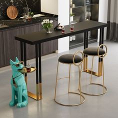 a table with two stools and a dog figurine in front of it