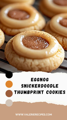 eggnog snickkerdoodlee thumbprint cookies on a cooling rack