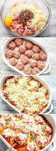 three different types of meatballs in casserole dishes