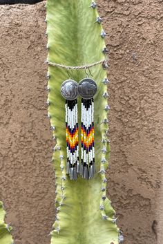 native american beaded earrings hanging on a cactus plant in front of a stucco wall