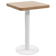 a square table with a wooden top and white base, on a white background is an object that appears to be in the shape of a pedestal