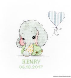 an elephant holding a heart shaped balloon with the words bunny on it's side