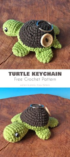 a crocheted turtle keychain is sitting on top of a wooden table