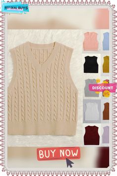 Women's Knitted Temperament Commute Waistcoat Pullover V-neck Vest Sleeveless Top V-neck Sweater Vest For Fall, Beige V-neck Tank Top For Fall, Knitted Sleeveless Vest For Fall, Sleeveless Knitted Vest For Fall, Casual Sleeveless V-neck Sweater For Fall, Sleeveless Cable Knit Vest For Spring, Casual V-neck Knitted Sweater Vest, Spring Cable Knit Sleeveless Sweater Vest, Spring Sleeveless Cable Knit Sweater Vest