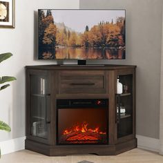 an entertainment center with a television and fire place