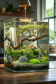 an aquarium with plants and rocks in it on a table next to a lamp shade