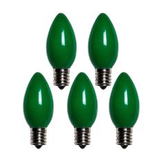 four green light bulbs on white background