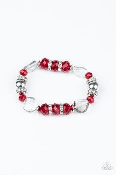 A glamorous collection of white rhinestone encrusted rings, silver beads, glassy white gems, and glittery red crystal-like beads are threaded along a stretchy band around the wrist for a refined flair.

 Sold as one individual bracelet. Red Bracelet, Rings Silver, Red Bracelets, Paparazzi Accessories, White Rhinestone, Paparazzi Jewelry, Red Crystals, Boutique Jewelry, Online Accessories