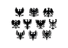 black and white silhouettes of different types of eagle emblems on a white background