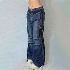 Baggy Dark Wash Y2k Cargo Jeans, Y2k Style Baggy Flare Jeans With Pockets, Y2k Style Dark Wash Cotton Bottoms, Y2k Baggy Denim Blue Bottoms, Y2k Style Baggy Denim Pants, Y2k Baggy Denim Pants, Blue High-waist Y2k Cargo Jeans, Y2k Baggy Denim Blue Pants, Y2k Style Baggy Mid-rise Cargo Jeans