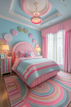 a bedroom decorated in pink, blue and white with circular rugs on the floor