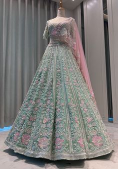 Veil Dupatta, Sage Green Lehenga, Embroidered Veil, Traditional Lehenga, Net Sleeves, Raw Silk Blouse, Simple Lehenga