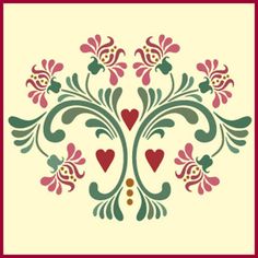 an ornate design with hearts and flowers on a cream background, framed by a red frame