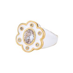 14k gold dipped Willow ring in ivory enamel with cz 0.5" H Luxury White Flower Ring With Diamond Accents, White Enamel Open Ring For Anniversary, Elegant White Enamel Ring For Anniversary, White Enamel Elegant Rings, White Elegant Enamel Rings, Elegant White Enamel Rings, Classic White Enamel Ring For Anniversary, Luxury White Diamond Open Ring, Formal White Diamond Enamel Ring