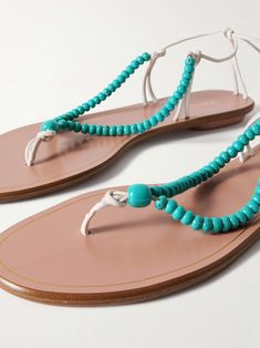 Turquoise Leather Sandals For Summer, Turquoise Sandals With Removable Insole For Beach, Turquoise Beach Sandals With Removable Insole, Beaded T-strap Sandals For Beach, Turquoise Leather Sandals For Beach, Aquazzura Flats, Beaded Leather Sandals, Aquazzura Shoes, Beaded Sandals