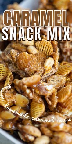 caramel snack mix in a white bowl with the title overlay reading caramel snack mix