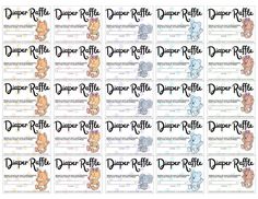 the diaper raffle coup sheet is filled with teddy bears and other baby items