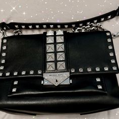 Michael Kors Black Leather Crossbody Studded With Rhinestones Chain Handle With Bling Interior Compartments- Zip And Snap Exterior Phone Pocket Snap Closure Rhinestone Studs, Michael Kors Black, Michael Kors Bag, Leather Crossbody, Black Silver, Crossbody Bag, Black Leather, Michael Kors, Bag Lady