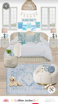 a bedroom with blue and white decor in it