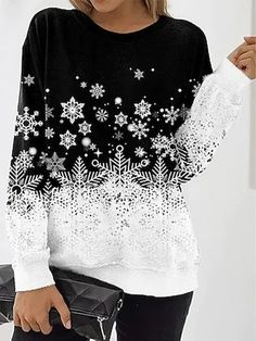 Black-white Casual Graphic Tops Round Neck Long Sleeve Snowflake Printed Xmas Sweatshirts Black Long Sleeve Christmas Sweatshirt, Casual Black Christmas Sweatshirt, Black Long Sleeve Sweatshirt For Holiday, White Long Sleeve Sweatshirt For Winter, White Casual Holiday Tops, Casual White Holiday Tops, Black Long Sleeve Christmas Tops, Holiday Black Long Sleeve Tops, White Sweatshirt For Fall Holiday