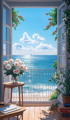 an open window overlooking the ocean with white flowers