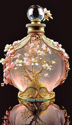 an ornate bottle with flowers and leaves on the top, against a black background that has gold trimmings