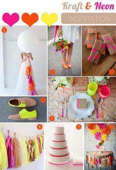 a collage of pictures with different types of decorations and colors on them, including oranges, pinks, yellows, and green