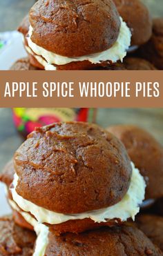 two pictures of apple spice whoopie pies stacked on top of each other