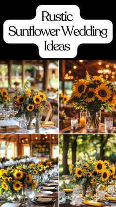 A rustic wedding scene with vibrant sunflower bouquets, rustic table settings, and sunflower decorations brightening up the venue, blending natural beauty with elegant, timeless style. Sunflowers For Wedding, Wedding Ideas Sunflowers, Rustic Sunflower Wedding Ideas, Sunflower Wedding Decor, Rustic Table Settings, Sunflower Weddings, Sunflower Decorations, Sunflower Ideas, Sunflower Wedding Ideas