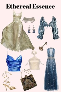 there are many different types of clothes on this page, including dresses and purses