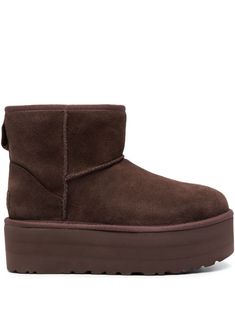 brown calf suede logo patch to the rear round toe slip-on style Chocolate Uggs, Chocolate Ugg Boots, Ugg Classic Mini Platform, Brown Uggs, Brown Ugg Boots, Ugg Boots Australia, Ugg Classic Mini, Black Platform Boots, Ugg Classic