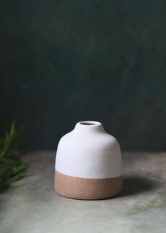 a white and brown vase sitting on top of a table next to a green plant